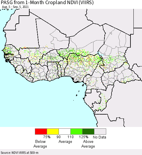 Western Africa PASG from 1-Month Cropland NDVI (VIIRS) Thematic Map For 8/29/2021 - 9/5/2021