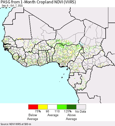 Western Africa PASG from 1-Month Cropland NDVI (VIIRS) Thematic Map For 9/30/2021 - 10/7/2021