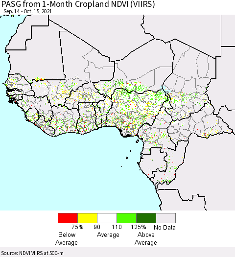Western Africa PASG from 1-Month Cropland NDVI (VIIRS) Thematic Map For 10/8/2021 - 10/15/2021