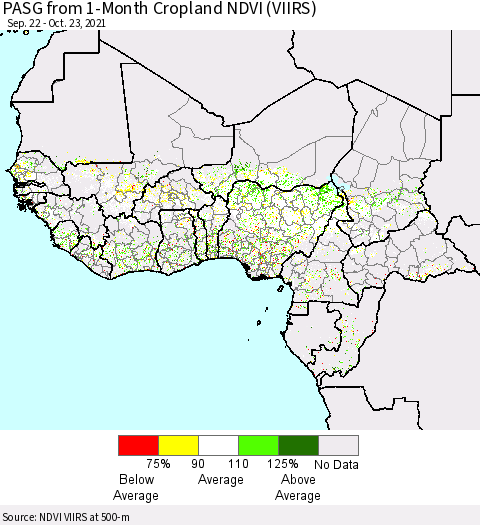 Western Africa PASG from 1-Month Cropland NDVI (VIIRS) Thematic Map For 10/16/2021 - 10/23/2021