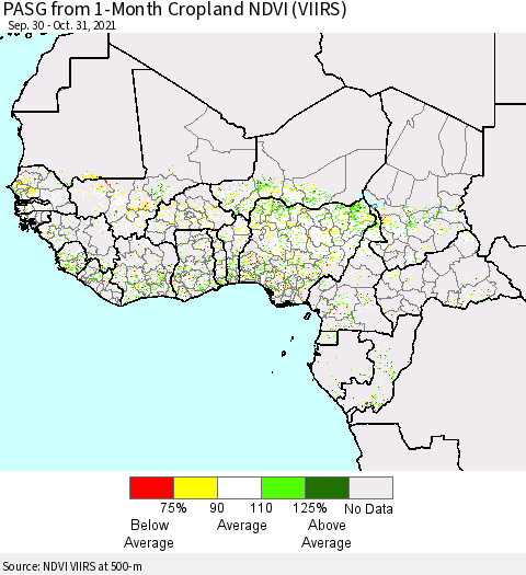 Western Africa PASG from 1-Month Cropland NDVI (VIIRS) Thematic Map For 10/24/2021 - 10/31/2021