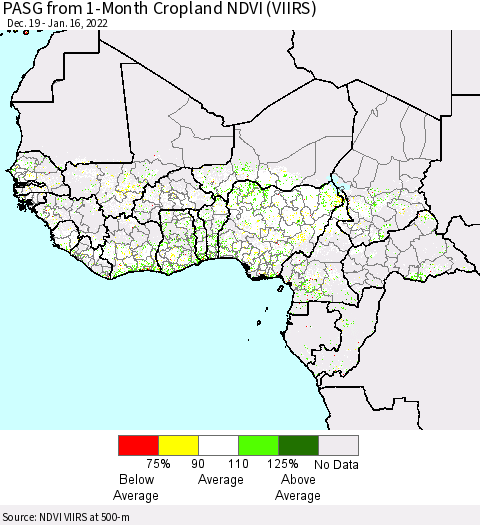 Western Africa PASG from 1-Month Cropland NDVI (VIIRS) Thematic Map For 1/9/2022 - 1/16/2022
