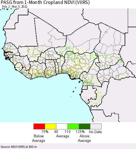 Western Africa PASG from 1-Month Cropland NDVI (VIIRS) Thematic Map For 2/26/2022 - 3/5/2022
