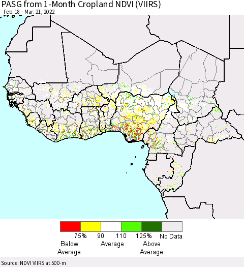 Western Africa PASG from 1-Month Cropland NDVI (VIIRS) Thematic Map For 3/14/2022 - 3/21/2022