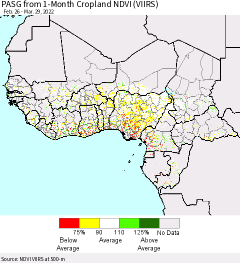 Western Africa PASG from 1-Month Cropland NDVI (VIIRS) Thematic Map For 3/22/2022 - 3/29/2022