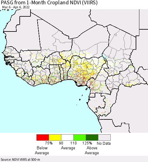 Western Africa PASG from 1-Month Cropland NDVI (VIIRS) Thematic Map For 3/30/2022 - 4/6/2022