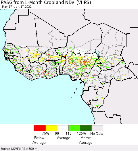 Western Africa PASG from 1-Month Cropland NDVI (VIIRS) Thematic Map For 6/10/2022 - 6/17/2022