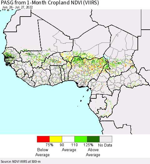 Western Africa PASG from 1-Month Cropland NDVI (VIIRS) Thematic Map For 7/20/2022 - 7/27/2022