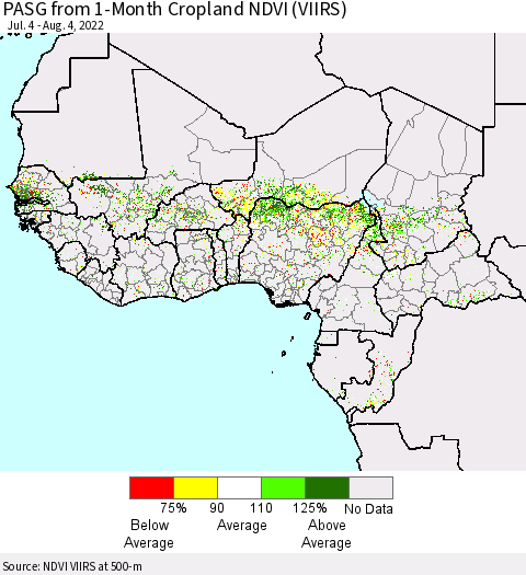 Western Africa PASG from 1-Month Cropland NDVI (VIIRS) Thematic Map For 7/28/2022 - 8/4/2022
