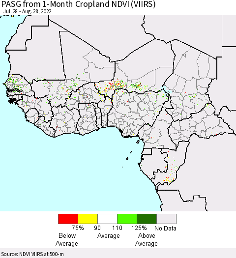 Western Africa PASG from 1-Month Cropland NDVI (VIIRS) Thematic Map For 8/21/2022 - 8/28/2022