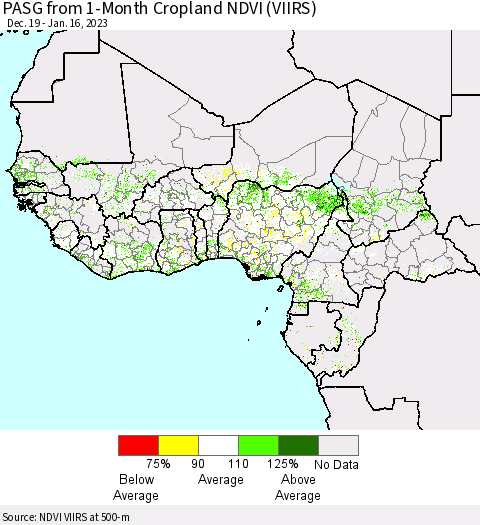 Western Africa PASG from 1-Month Cropland NDVI (VIIRS) Thematic Map For 1/9/2023 - 1/16/2023