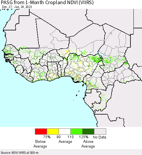 Western Africa PASG from 1-Month Cropland NDVI (VIIRS) Thematic Map For 1/17/2023 - 1/24/2023