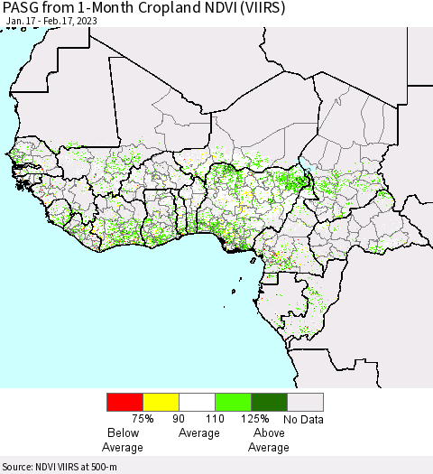 Western Africa PASG from 1-Month Cropland NDVI (VIIRS) Thematic Map For 2/10/2023 - 2/17/2023