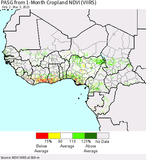 Western Africa PASG from 1-Month Cropland NDVI (VIIRS) Thematic Map For 2/26/2023 - 3/5/2023