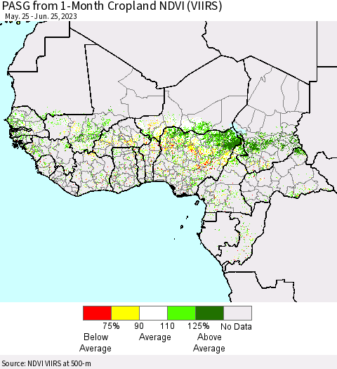 Western Africa PASG from 1-Month Cropland NDVI (VIIRS) Thematic Map For 6/18/2023 - 6/25/2023