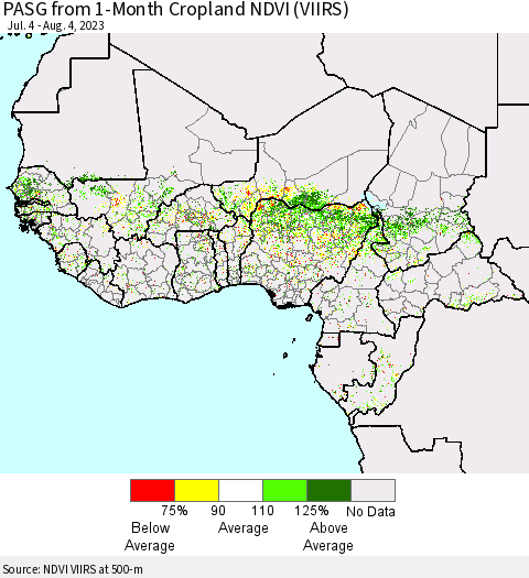 Western Africa PASG from 1-Month Cropland NDVI (VIIRS) Thematic Map For 7/28/2023 - 8/4/2023
