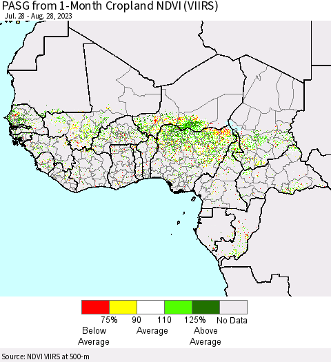 Western Africa PASG from 1-Month Cropland NDVI (VIIRS) Thematic Map For 8/21/2023 - 8/28/2023