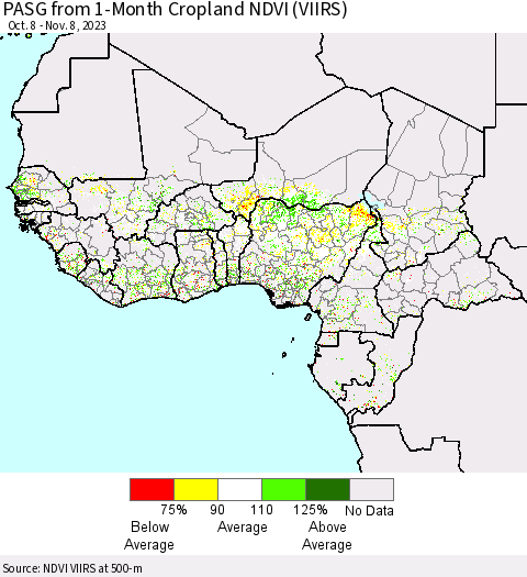 Western Africa PASG from 1-Month Cropland NDVI (VIIRS) Thematic Map For 11/1/2023 - 11/8/2023