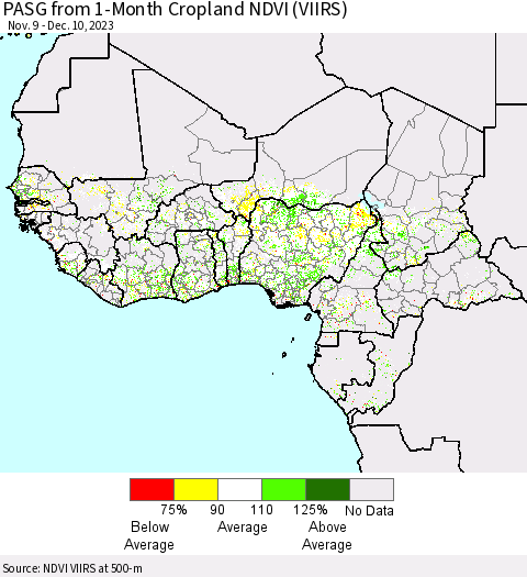 Western Africa PASG from 1-Month Cropland NDVI (VIIRS) Thematic Map For 12/3/2023 - 12/10/2023