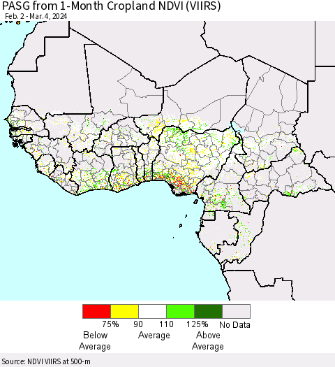 Western Africa PASG from 1-Month Cropland NDVI (VIIRS) Thematic Map For 2/26/2024 - 3/4/2024