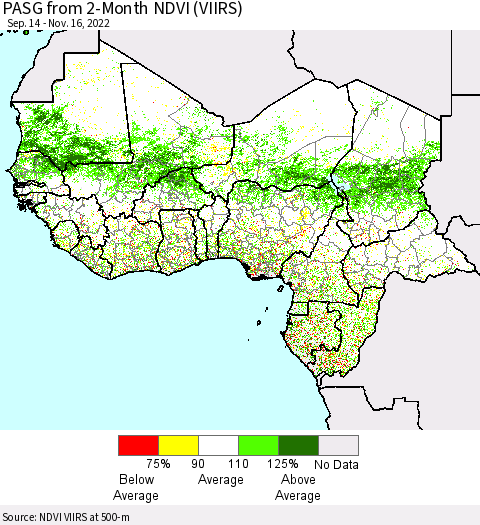 Western Africa PASG from 2-Month NDVI (VIIRS) Thematic Map For 11/9/2022 - 11/16/2022