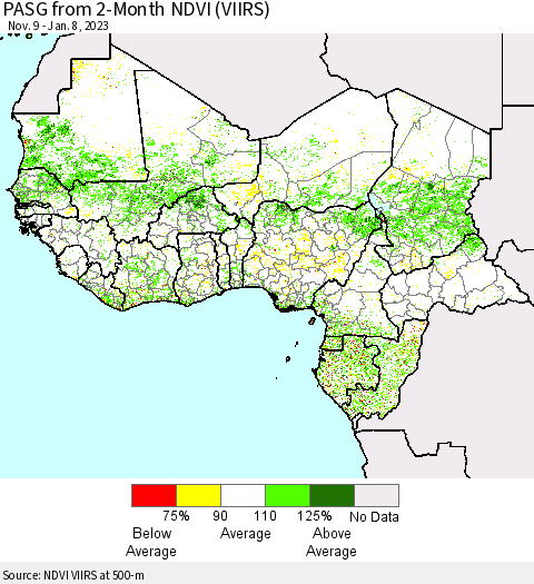Western Africa PASG from 2-Month NDVI (VIIRS) Thematic Map For 1/1/2023 - 1/8/2023