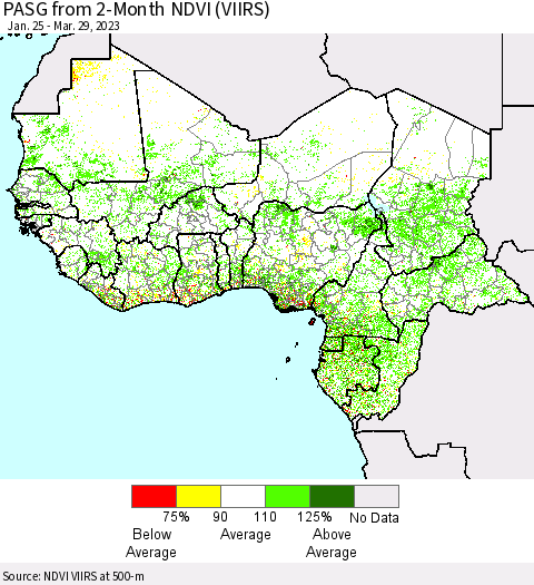 Western Africa PASG from 2-Month NDVI (VIIRS) Thematic Map For 3/22/2023 - 3/29/2023