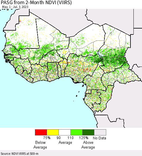 Western Africa PASG from 2-Month NDVI (VIIRS) Thematic Map For 6/26/2023 - 7/3/2023