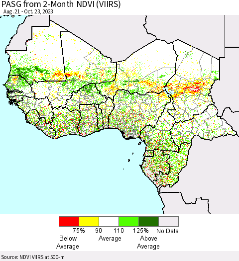 Western Africa PASG from 2-Month NDVI (VIIRS) Thematic Map For 10/16/2023 - 10/23/2023