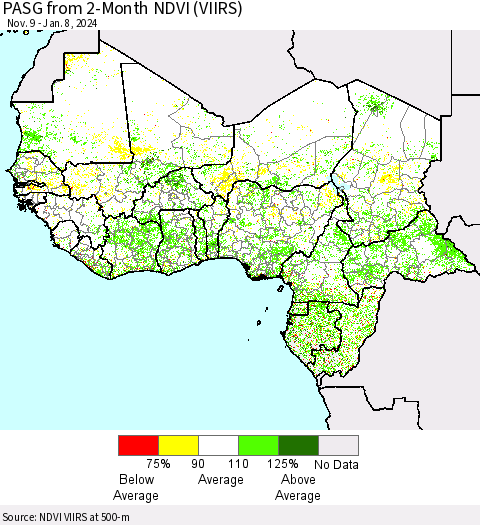 Western Africa PASG from 2-Month NDVI (VIIRS) Thematic Map For 1/1/2024 - 1/8/2024