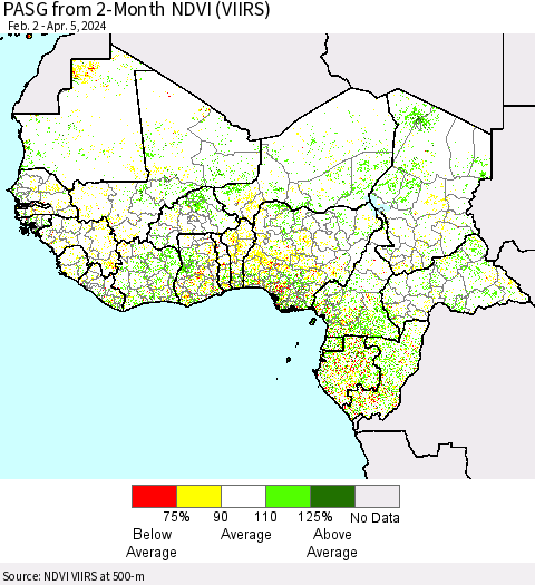 Western Africa PASG from 2-Month NDVI (VIIRS) Thematic Map For 3/29/2024 - 4/5/2024