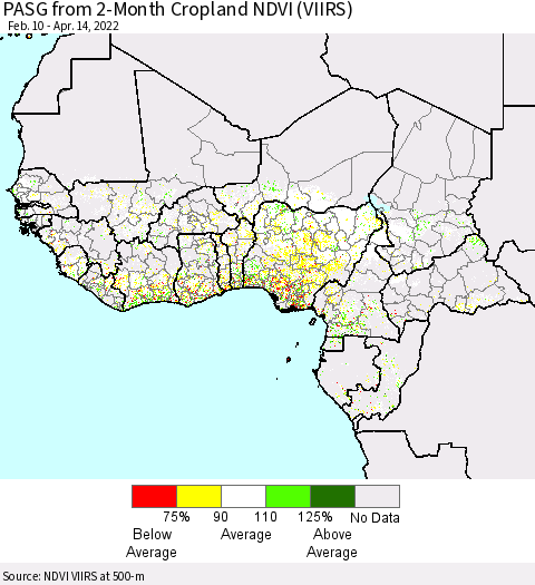 Western Africa PASG from 2-Month Cropland NDVI (VIIRS) Thematic Map For 4/7/2022 - 4/14/2022