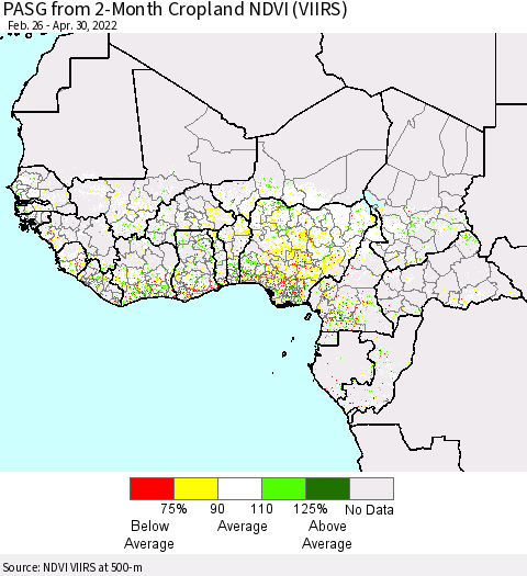 Western Africa PASG from 2-Month Cropland NDVI (VIIRS) Thematic Map For 4/23/2022 - 4/30/2022