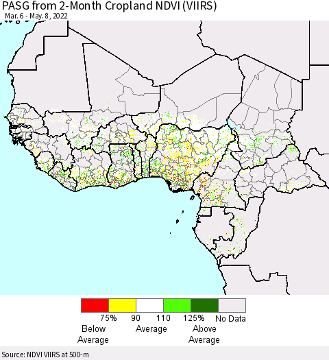 Western Africa PASG from 2-Month Cropland NDVI (VIIRS) Thematic Map For 5/1/2022 - 5/8/2022