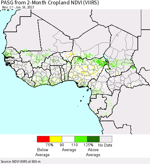 Western Africa PASG from 2-Month Cropland NDVI (VIIRS) Thematic Map For 1/9/2023 - 1/16/2023