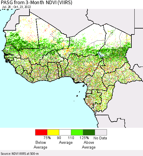 Western Africa PASG from 3-Month NDVI (VIIRS) Thematic Map For 10/16/2022 - 10/23/2022