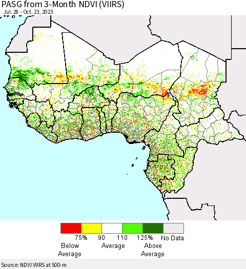 Western Africa PASG from 3-Month NDVI (VIIRS) Thematic Map For 10/16/2023 - 10/23/2023