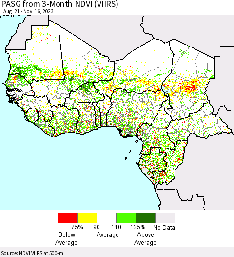 Western Africa PASG from 3-Month NDVI (VIIRS) Thematic Map For 11/9/2023 - 11/16/2023