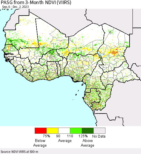 Western Africa PASG from 3-Month NDVI (VIIRS) Thematic Map For 11/25/2023 - 12/2/2023