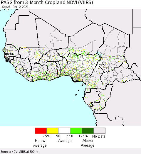 Western Africa PASG from 3-Month Cropland NDVI (VIIRS) Thematic Map For 11/25/2021 - 12/2/2021