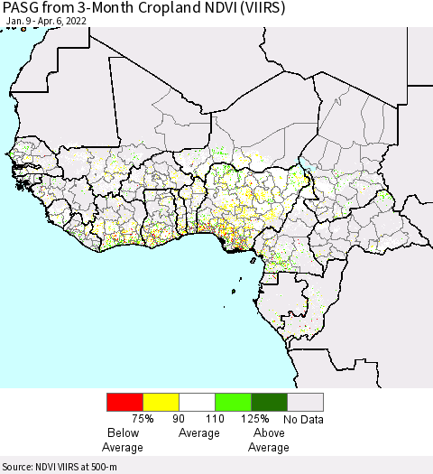 Western Africa PASG from 3-Month Cropland NDVI (VIIRS) Thematic Map For 3/30/2022 - 4/6/2022