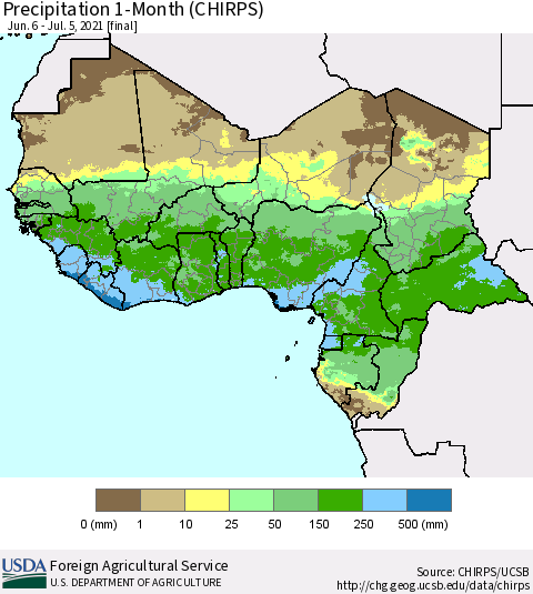 Western Africa Precipitation 1-Month (CHIRPS) Thematic Map For 6/6/2021 - 7/5/2021