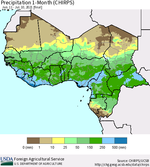 Western Africa Precipitation 1-Month (CHIRPS) Thematic Map For 6/11/2021 - 7/10/2021