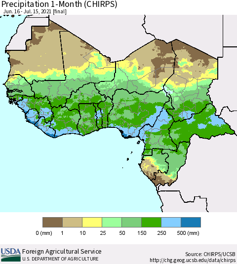 Western Africa Precipitation 1-Month (CHIRPS) Thematic Map For 6/16/2021 - 7/15/2021