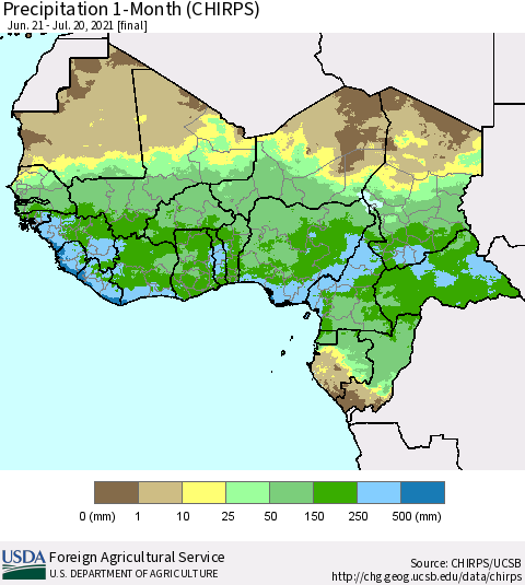 Western Africa Precipitation 1-Month (CHIRPS) Thematic Map For 6/21/2021 - 7/20/2021