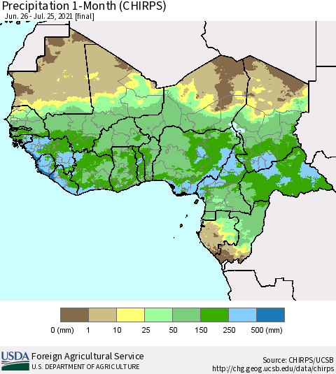 Western Africa Precipitation 1-Month (CHIRPS) Thematic Map For 6/26/2021 - 7/25/2021