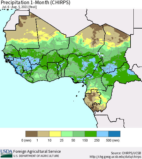 Western Africa Precipitation 1-Month (CHIRPS) Thematic Map For 7/6/2021 - 8/5/2021
