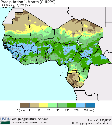 Western Africa Precipitation 1-Month (CHIRPS) Thematic Map For 7/16/2021 - 8/15/2021