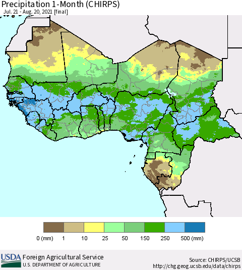 Western Africa Precipitation 1-Month (CHIRPS) Thematic Map For 7/21/2021 - 8/20/2021