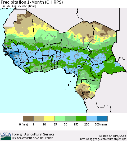 Western Africa Precipitation 1-Month (CHIRPS) Thematic Map For 7/26/2021 - 8/25/2021